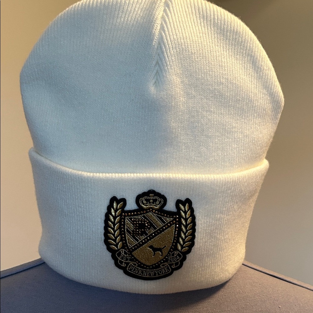 PINK Victoria's Secret White Beanie with Gold Emblem - Picture 4 of 8